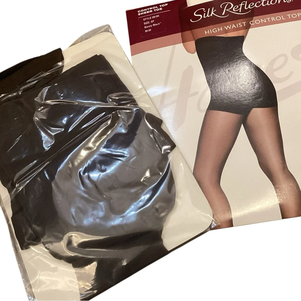 NEW Hanes Silk Reflections Barely Black High Waist Control Top Pantyhose E-F‎